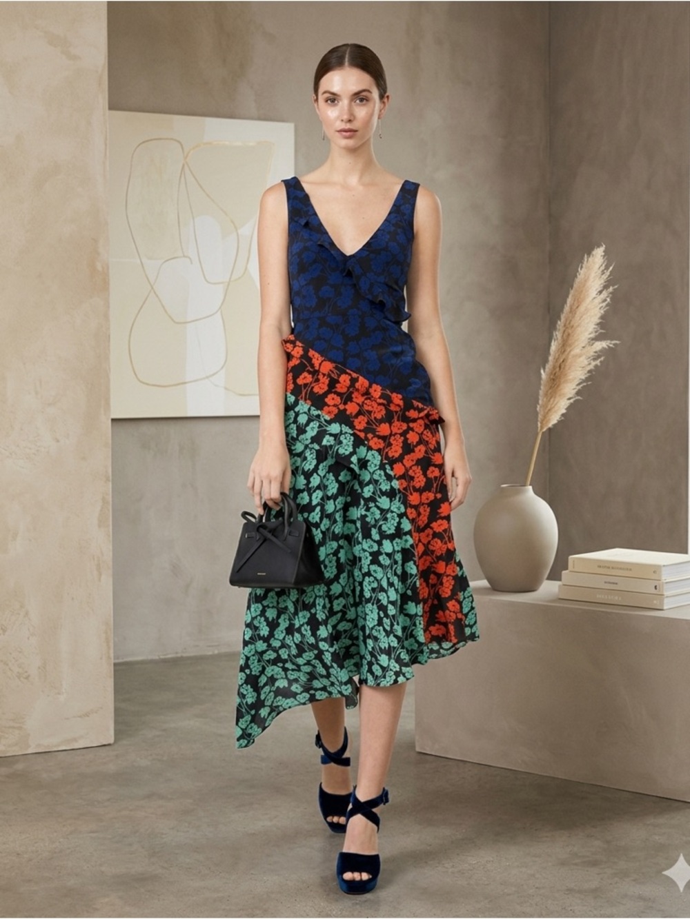 Saloni Aggie Navy Poppy Floral Silk Sleeveless Asymmetric Midi Dress Size 6
